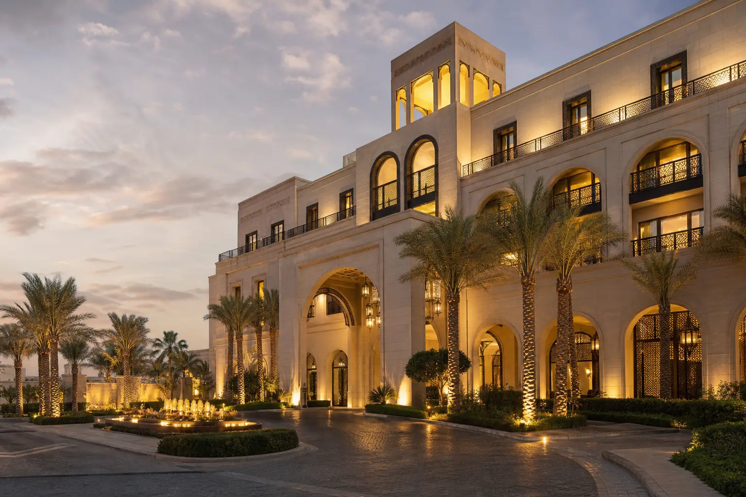 Luxury hotel exterior in Cairo at dusk